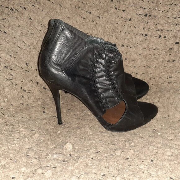 ALLSAINTS-Arachine-Black Leather Braided-Peep Toe-Gusset Booties-Sz 37-Excellent - Picture 4 of 7